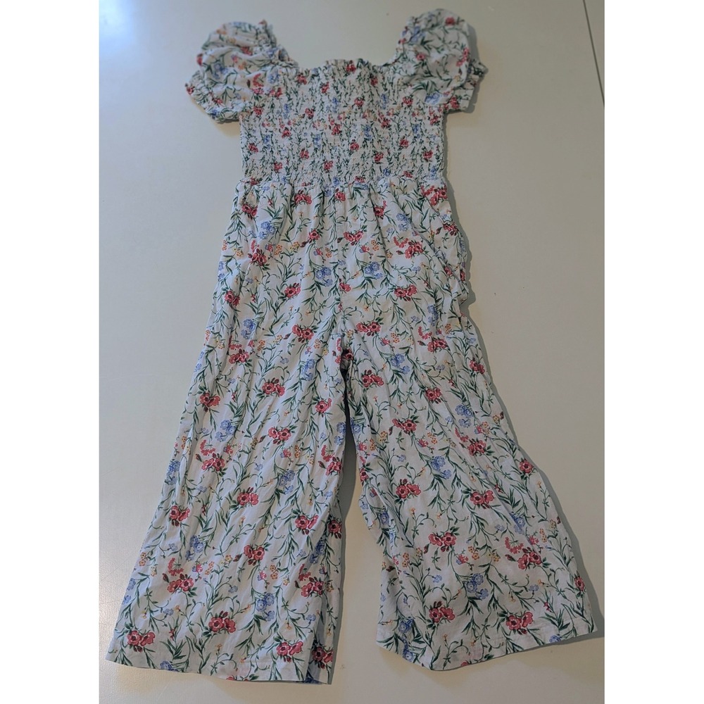 Janie and Jack Girls Floral Smocked Puff Sleeve Wide Leg Jumpsuit White Size 4